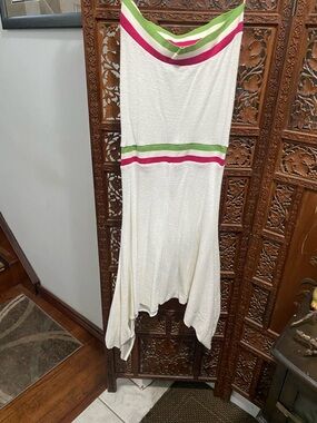 Strapless White Maxi Dress with Pink & Green Stripes